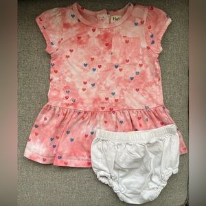 Hatley pink tie-dye dress with hearts and white bloomers, size 18-24 months.